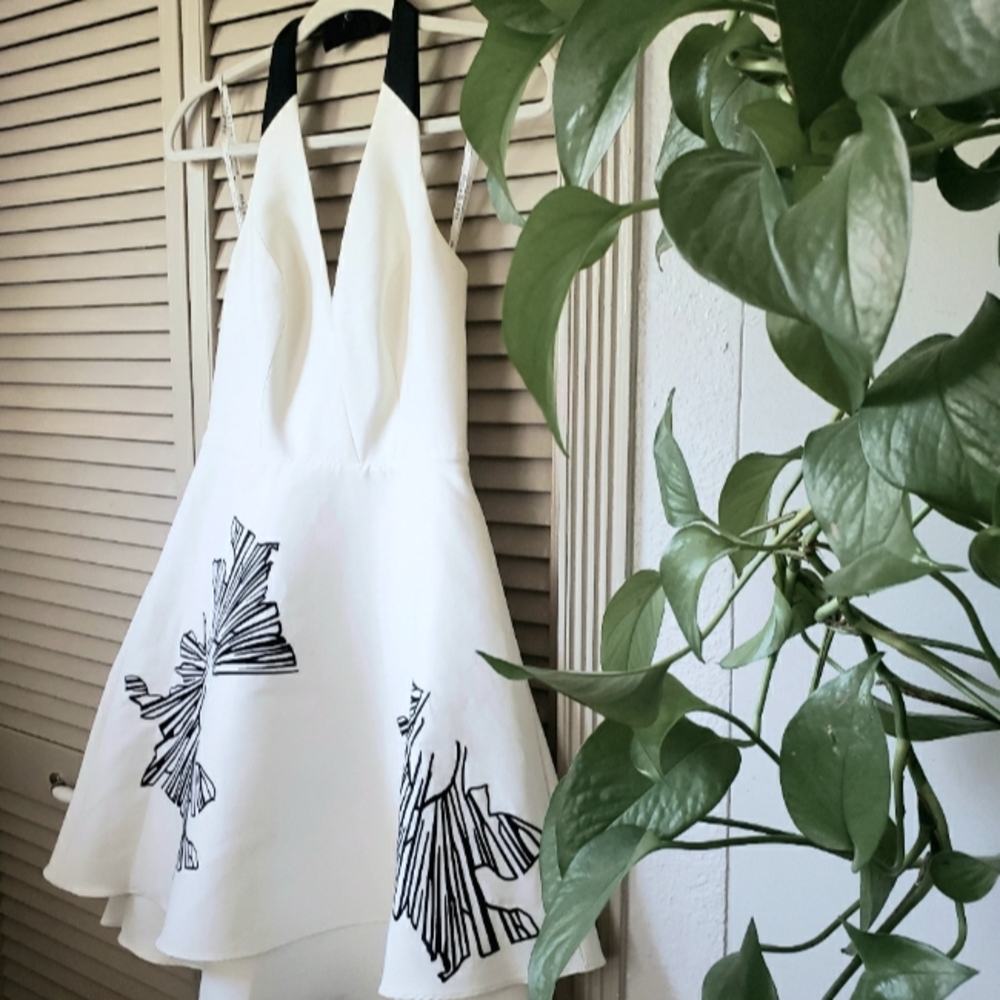 🌱 NWT Halston Heritage A-Line Printed Halter Mini Dress White Size XS/2 - Picture 3 of 12